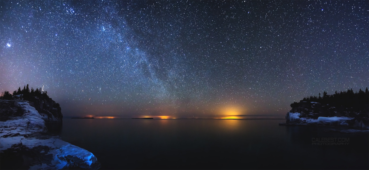 A panorama of the Milky Way over Indian Head Cove in Bruce Peninsula National Park